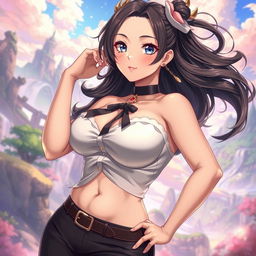 A voluptuous anime girl in a tasteful, artistic pose, wearing a stylish outfit that flatters her figure