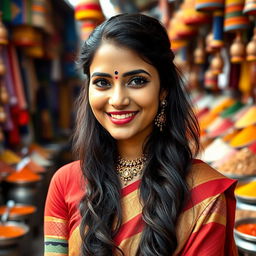 A portrait of an Indian woman with traditional attire and intricate jewelry, showcasing her stunning beauty and captivating smile