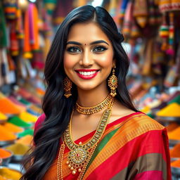 A portrait of an Indian woman with traditional attire and intricate jewelry, showcasing her stunning beauty and captivating smile