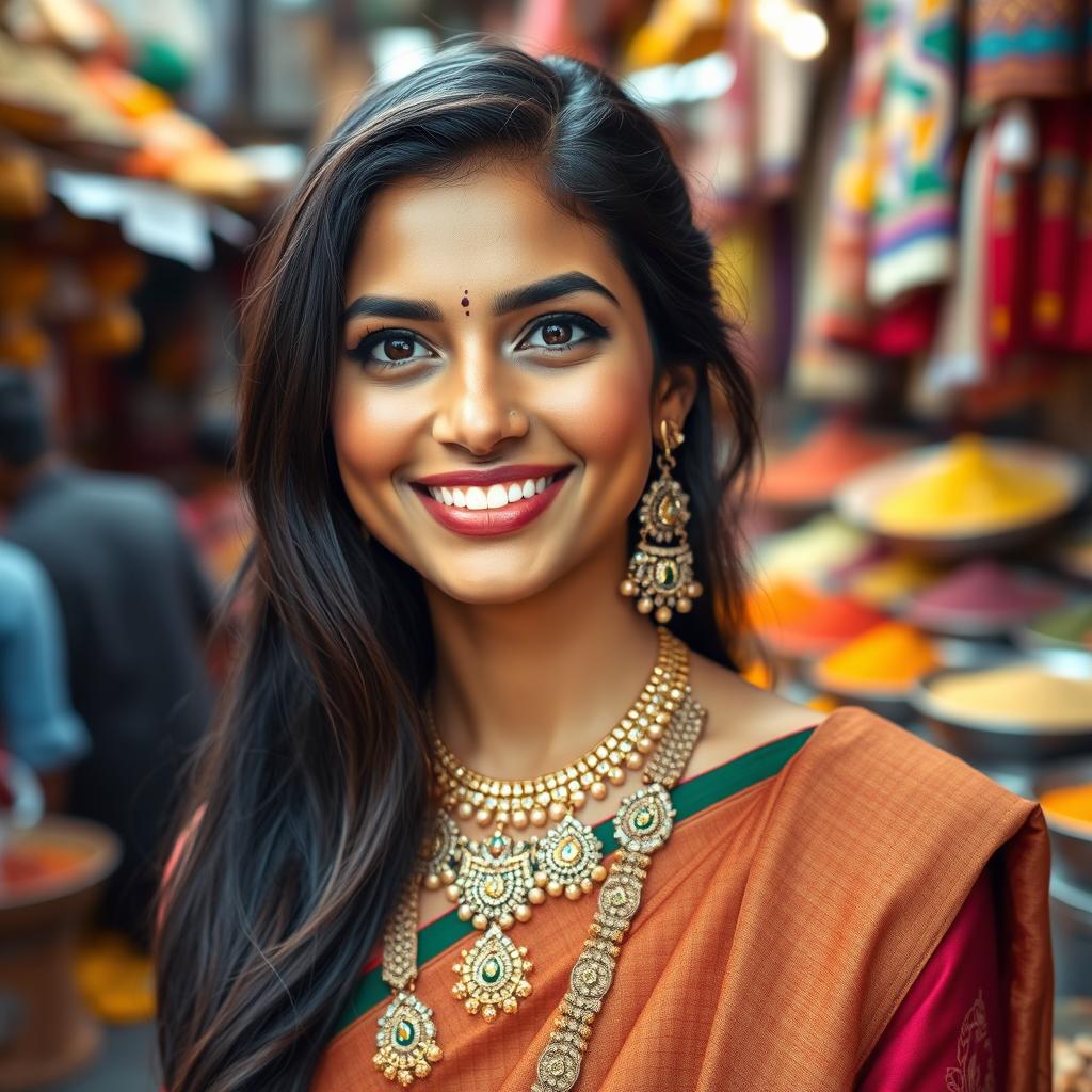 A portrait of an Indian woman with traditional attire and intricate jewelry, showcasing her stunning beauty and captivating smile