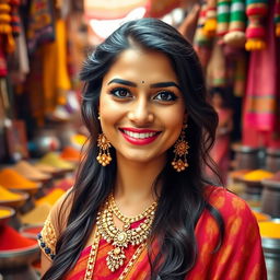 A portrait of an Indian woman with traditional attire and intricate jewelry, showcasing her stunning beauty and captivating smile