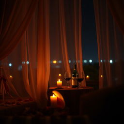 Sensual and intimate atmosphere featuring warm candlelight, soft shadows on a romantic setting