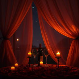 Sensual and intimate atmosphere featuring warm candlelight, soft shadows on a romantic setting