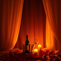 Sensual and intimate atmosphere featuring warm candlelight, soft shadows on a romantic setting