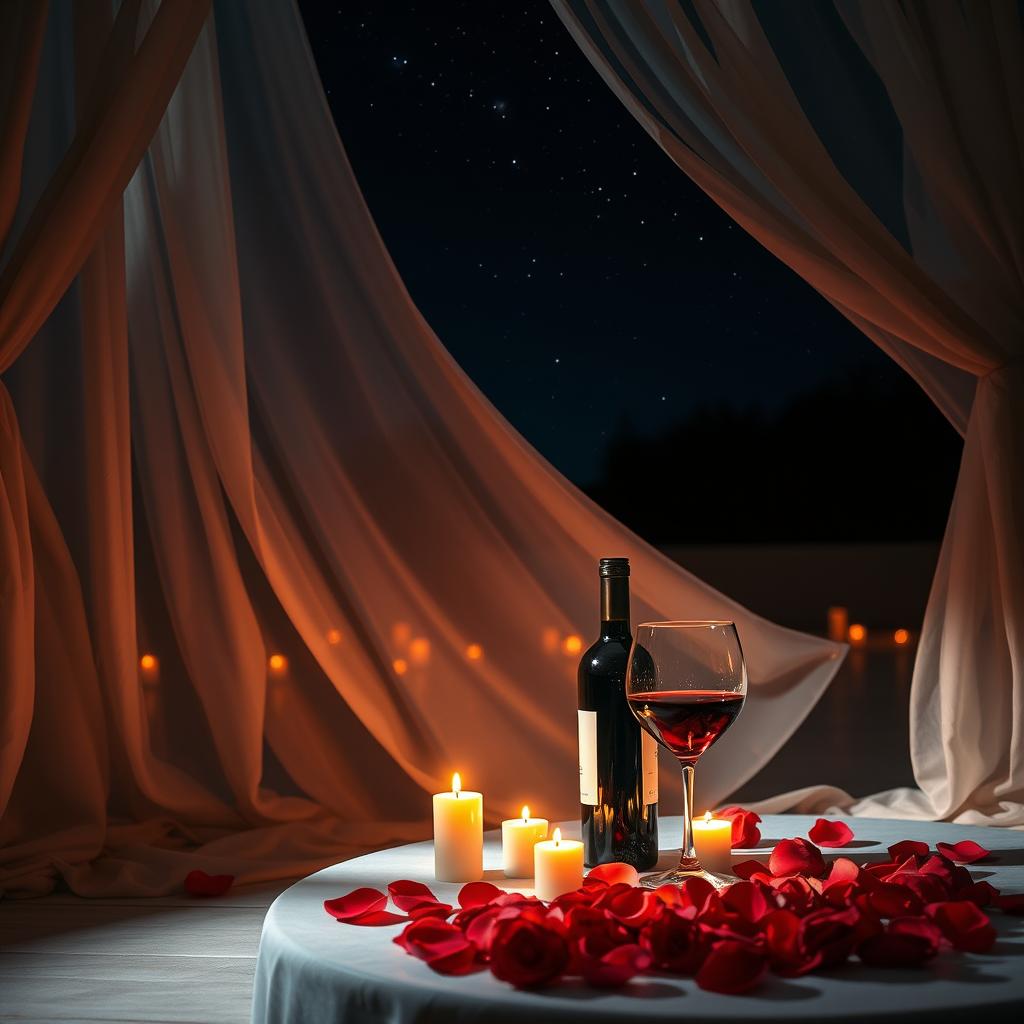 Sensual and intimate atmosphere featuring warm candlelight, soft shadows on a romantic setting