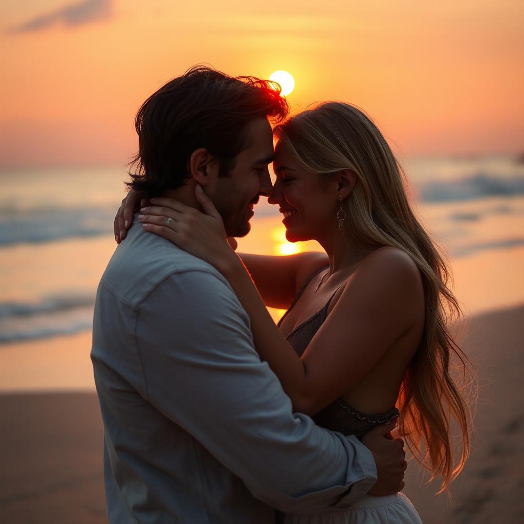 A romantic and passionate scene, featuring a close embrace between two adults under a warm, glowing sunset