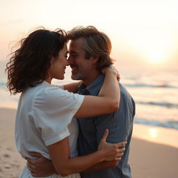 A romantic and passionate scene, featuring a close embrace between two adults under a warm, glowing sunset