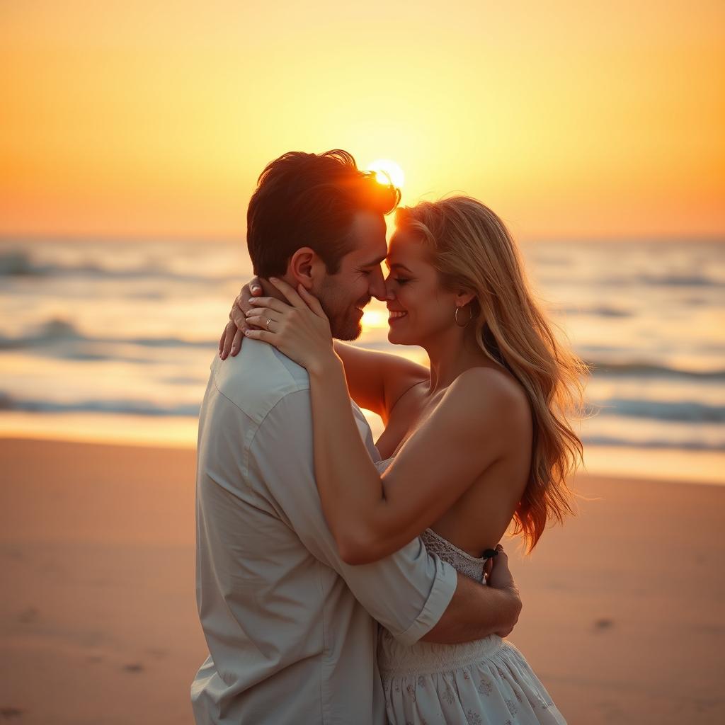 A romantic and passionate scene, featuring a close embrace between two adults under a warm, glowing sunset