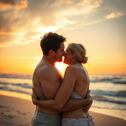 A romantic and passionate scene, featuring a close embrace between two adults under a warm, glowing sunset