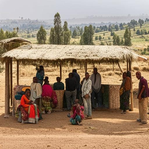 A group of Ethiopian people waiting at a bus stop, with a rustic Ethiopian countryside as the background.