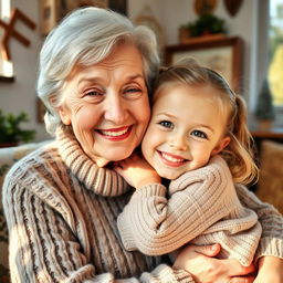 A heartwarming scene featuring a smiling grandmother embracing her cheerful granddaughter