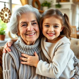 A heartwarming scene featuring a smiling grandmother embracing her cheerful granddaughter