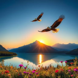 A majestic landscape featuring a serene mountain range under a clear blue sky, with the sun setting behind the peaks casting a warm golden glow
