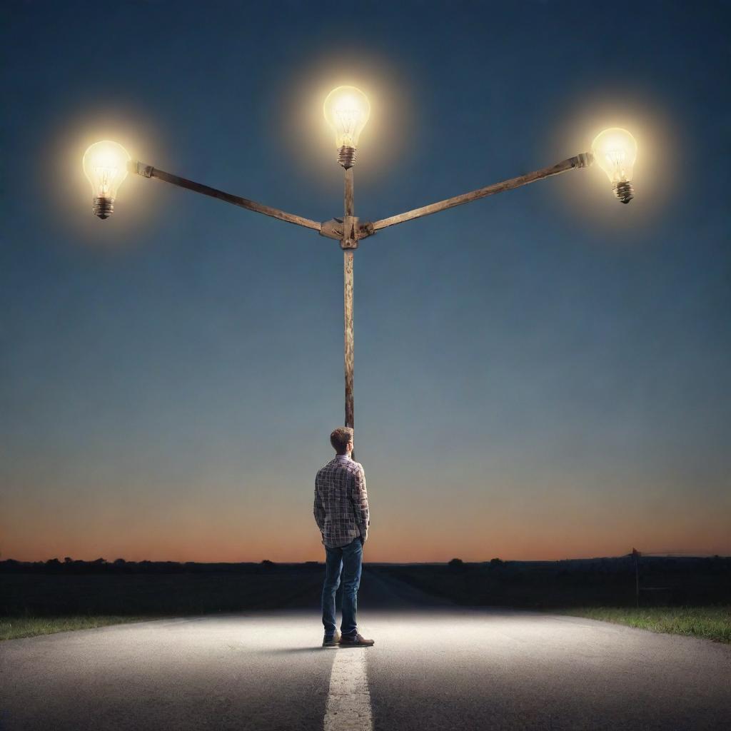 Generate an image of an insightful individual standing at a crossroads, holding a  luminous scale that balances clear light bulbs, symbolizing correct ideas, and faded ones, representing incorrect ideas.