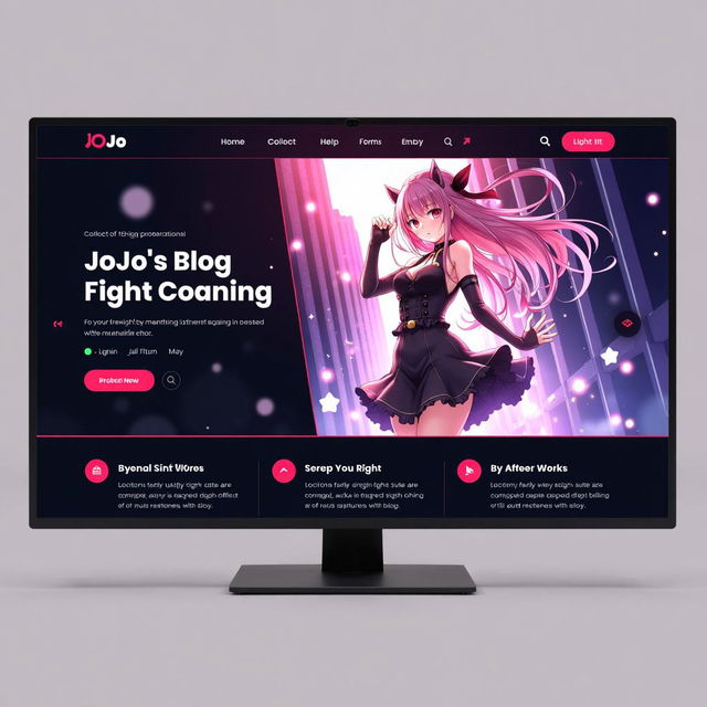 anime-inspired landing page design for "JoJo's Blog" with beautiful aesthetics, featuring dynamic anime elements, sleek lines, and a modern layout