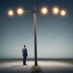 Generate an image of an insightful individual standing at a crossroads, holding a  luminous scale that balances clear light bulbs, symbolizing correct ideas, and faded ones, representing incorrect ideas.