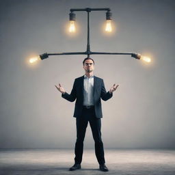 Generate an image of an insightful individual standing at a crossroads, holding a  luminous scale that balances clear light bulbs, symbolizing correct ideas, and faded ones, representing incorrect ideas.