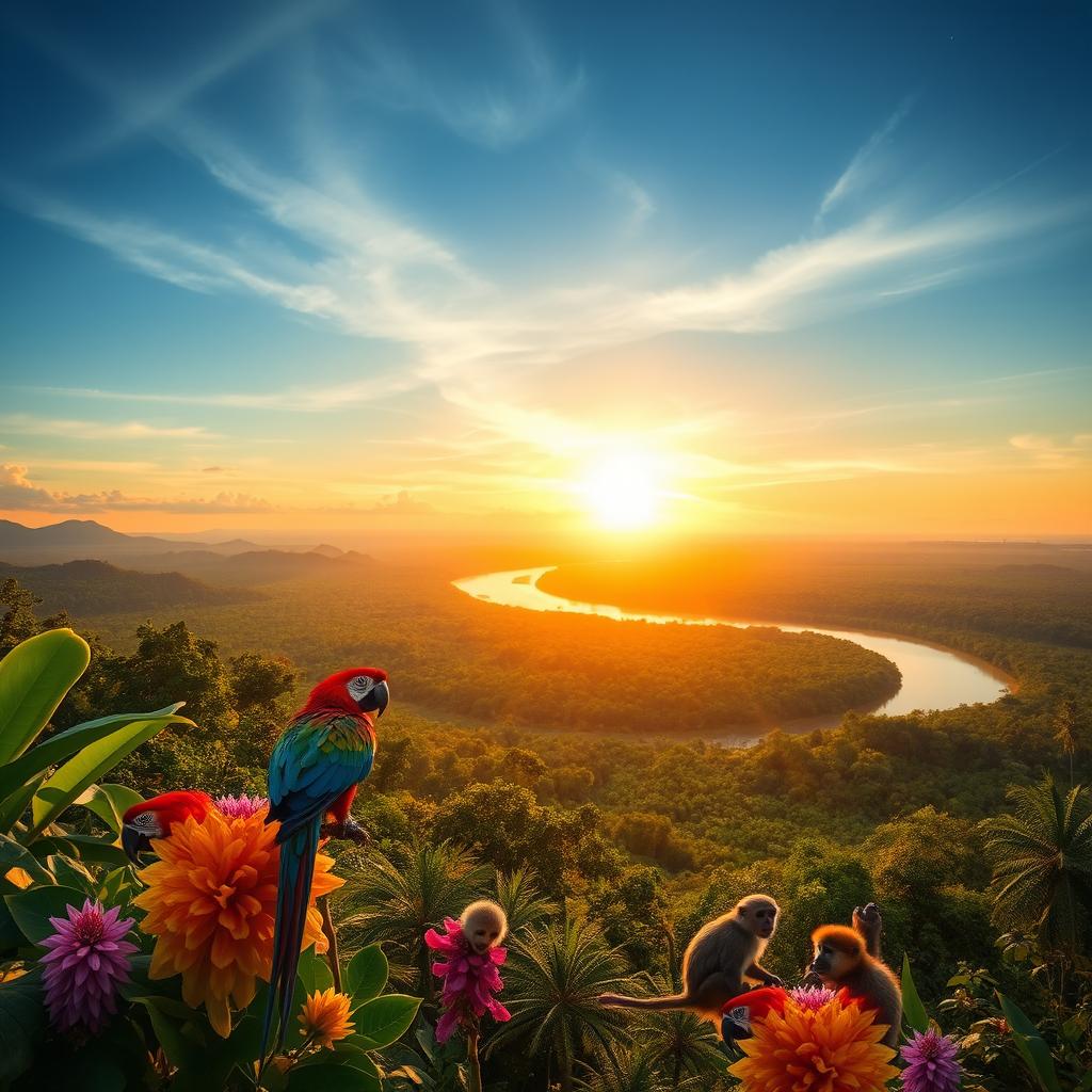 A breathtaking landscape of Brazil, showcasing the vibrant and lush greenery of the Amazon rainforest, with the majestic Amazon River flowing gracefully through it