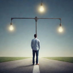 Generate an image of an insightful individual standing at a crossroads, holding a  luminous scale that balances clear light bulbs, symbolizing correct ideas, and faded ones, representing incorrect ideas.