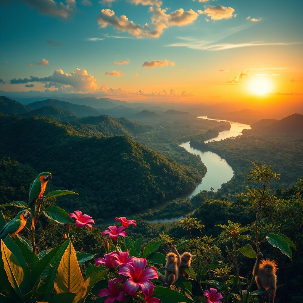 A breathtaking landscape of Brazil, showcasing the vibrant and lush greenery of the Amazon rainforest, with the majestic Amazon River flowing gracefully through it