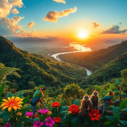 A breathtaking landscape of Brazil, showcasing the vibrant and lush greenery of the Amazon rainforest, with the majestic Amazon River flowing gracefully through it