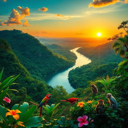 A breathtaking landscape of Brazil, showcasing the vibrant and lush greenery of the Amazon rainforest, with the majestic Amazon River flowing gracefully through it