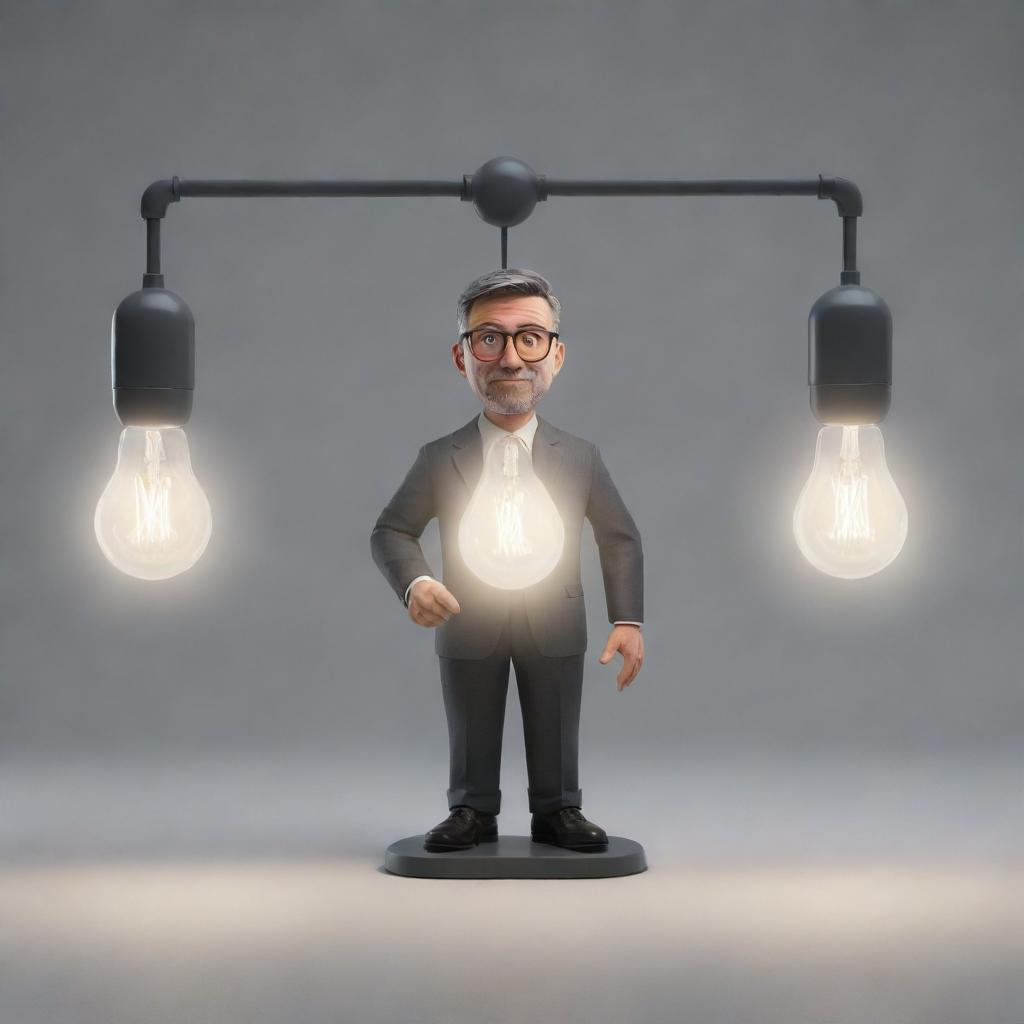 Generate an animated image of a distinct character, equipped with a glowing scale that balances clear, bright light bulbs, symbolizing correct ideas, and grey, dim ones, symbolizing incorrect ideas.