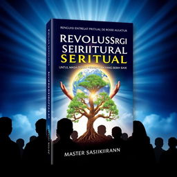 Book cover design titled 'REVOLUSI ENERGI SPIRITUAL UNTUK MASA DEPAN PERADABAN YANG LEBIH BAIK' featuring silhouettes of people facing a distant, radiant light, symbolizing the pursuit of enlightenment and civilization's betterment