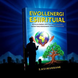 Book cover design titled 'REVOLUSI ENERGI SPIRITUAL UNTUK MASA DEPAN PERADABAN YANG LEBIH BAIK' featuring silhouettes of people facing a distant, radiant light, symbolizing the pursuit of enlightenment and civilization's betterment