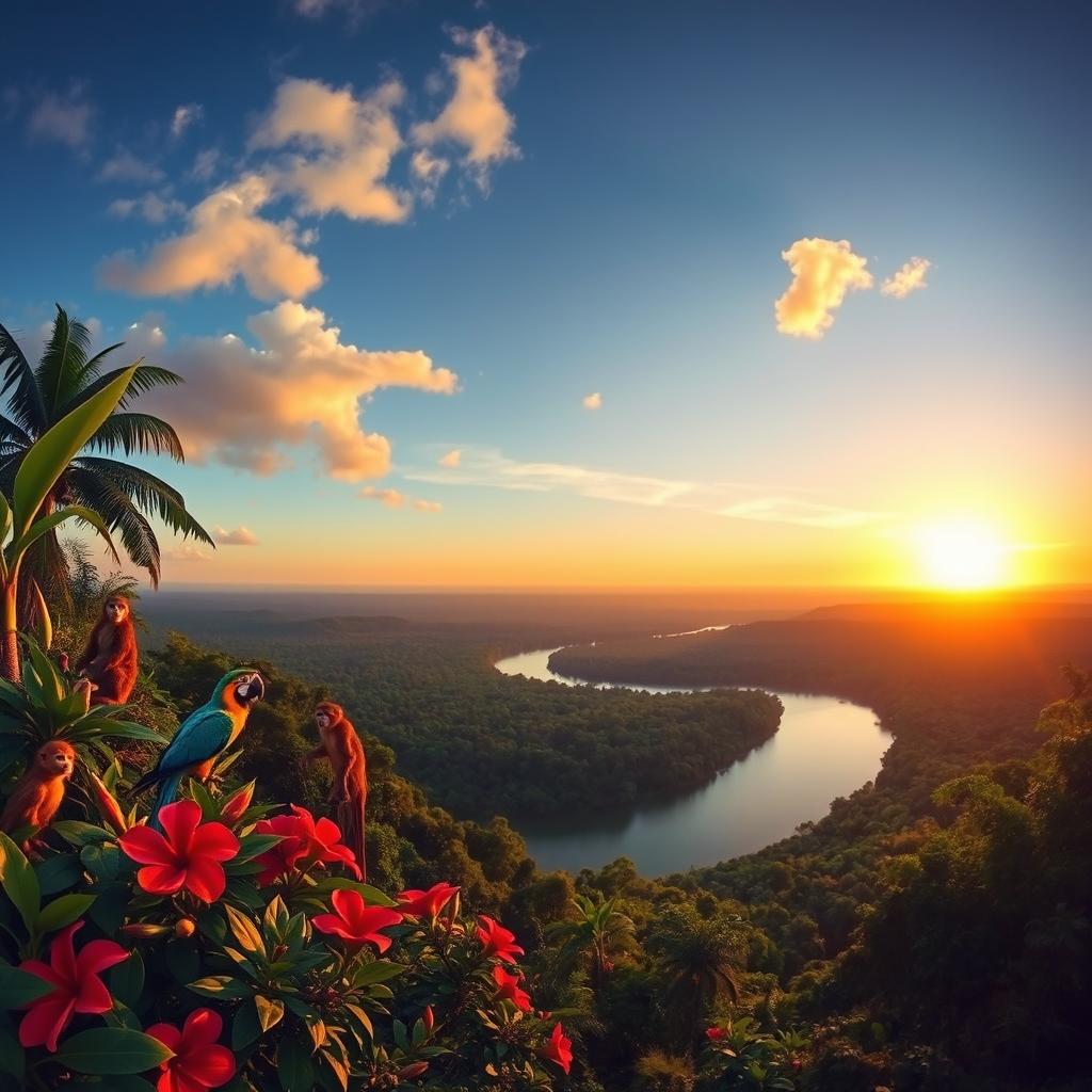 A breathtaking horizontal landscape of Brazil, featuring the vibrant and lush greenery of the Amazon rainforest, with the majestic Amazon River meandering gently through the view