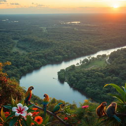 A breathtaking horizontal landscape of Brazil, featuring the vibrant and lush greenery of the Amazon rainforest, with the majestic Amazon River meandering gently through the view