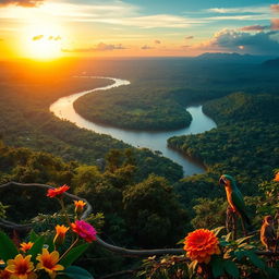 A breathtaking horizontal landscape of Brazil, featuring the vibrant and lush greenery of the Amazon rainforest, with the majestic Amazon River meandering gently through the view