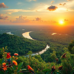 A breathtaking horizontal landscape of Brazil, featuring the vibrant and lush greenery of the Amazon rainforest, with the majestic Amazon River meandering gently through the view