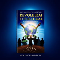 Book cover design titled 'REVOLUSI ENERGI SPIRITUAL UNTUK MASA DEPAN PERADABAN YANG LEBIH BAIK' featuring silhouettes of people facing a distant, radiant light, symbolizing the pursuit of enlightenment and civilization's improvement