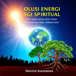 Book cover design titled 'REVOLUSI ENERGI SPIRITUAL UNTUK MASA DEPAN PERADABAN YANG LEBIH BAIK' featuring silhouettes of people facing a distant, radiant light, symbolizing the pursuit of enlightenment and civilization's improvement