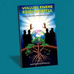 Book cover design titled 'REVOLUSI ENERGI SPIRITUAL UNTUK MASA DEPAN PERADABAN YANG LEBIH BAIK' featuring silhouettes of people facing a distant, radiant light, symbolizing the pursuit of enlightenment and civilization's improvement