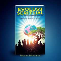 Book cover design titled 'REVOLUSI ENERGI SPIRITUAL UNTUK MASA DEPAN PERADABAN YANG LEBIH BAIK' featuring silhouettes of people facing a distant, radiant light, symbolizing the pursuit of enlightenment and civilization's improvement