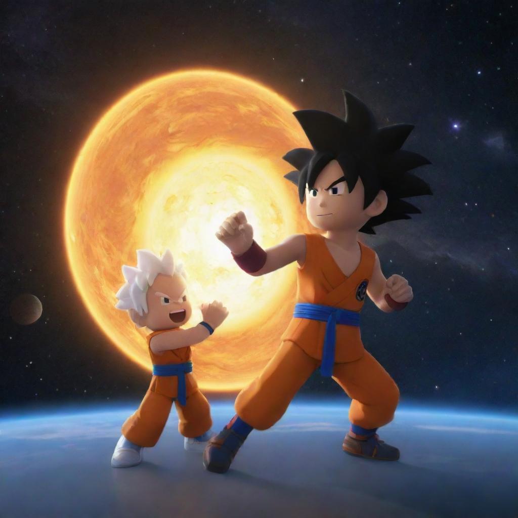 A noob avatar from Roblox engaged in an epic battle with a tiny Goku from Dragon Ball Z, set against the backdrop of the solar system.