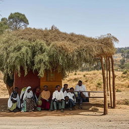 A group of Ethiopian people waiting at a bus stop, with a rustic Ethiopian countryside as the background.