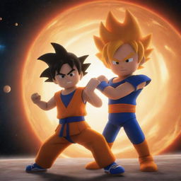 A noob avatar from Roblox engaged in an epic battle with a tiny Goku from Dragon Ball Z, set against the backdrop of the solar system.