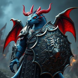 A powerful Dragonborn with blue scales and striking red horns, adorned with mystical runes glowing softly over its body