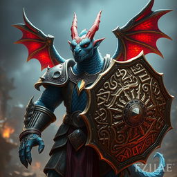 A powerful Dragonborn with blue scales and striking red horns, adorned with mystical runes glowing softly over its body