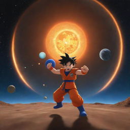 A noob avatar from Roblox engaged in an epic battle with a tiny Goku from Dragon Ball Z, set against the backdrop of the solar system.