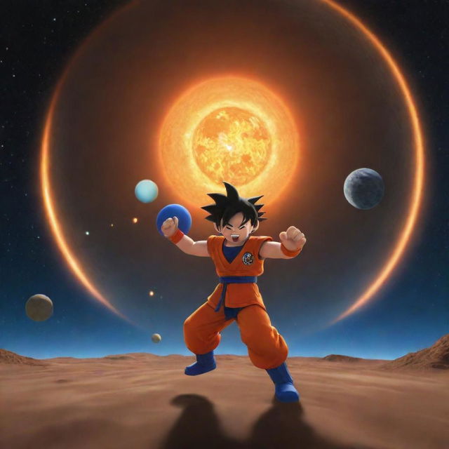 A noob avatar from Roblox engaged in an epic battle with a tiny Goku from Dragon Ball Z, set against the backdrop of the solar system.