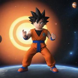 A noob avatar from Roblox engaged in an epic battle with a tiny Goku from Dragon Ball Z, set against the backdrop of the solar system.