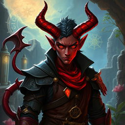 A fantasy character, a tiefling, with distinct demonic features including horns, a tail, and reddish skin