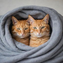 Two orange cats in a loving embrace, cocooned within a soft, warm grey blanket.