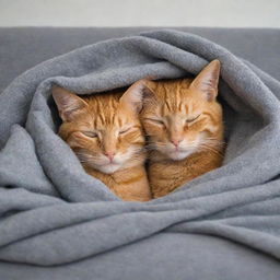 Two orange cats in a loving embrace, cocooned within a soft, warm grey blanket.