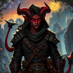 A fantasy character, a tiefling, with distinct demonic features including horns, a tail, and reddish skin