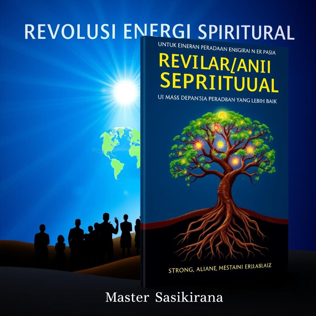 Book cover design titled 'REVOLUSI ENERGI SPIRITUAL UNTUK MASA DEPAN PERADABAN YANG LEBIH BAIK' with silhouettes of a group of people facing a distant, radiant light, symbolizing the pursuit of enlightenment and civilization's improvement